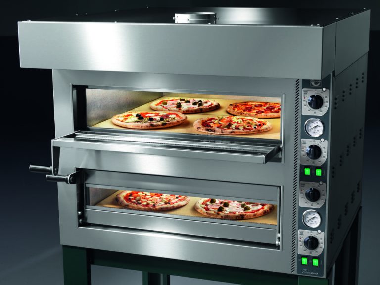 A pizza oven featuring four trays stacked on top, ready for delicious pizzas to be baked to perfection.